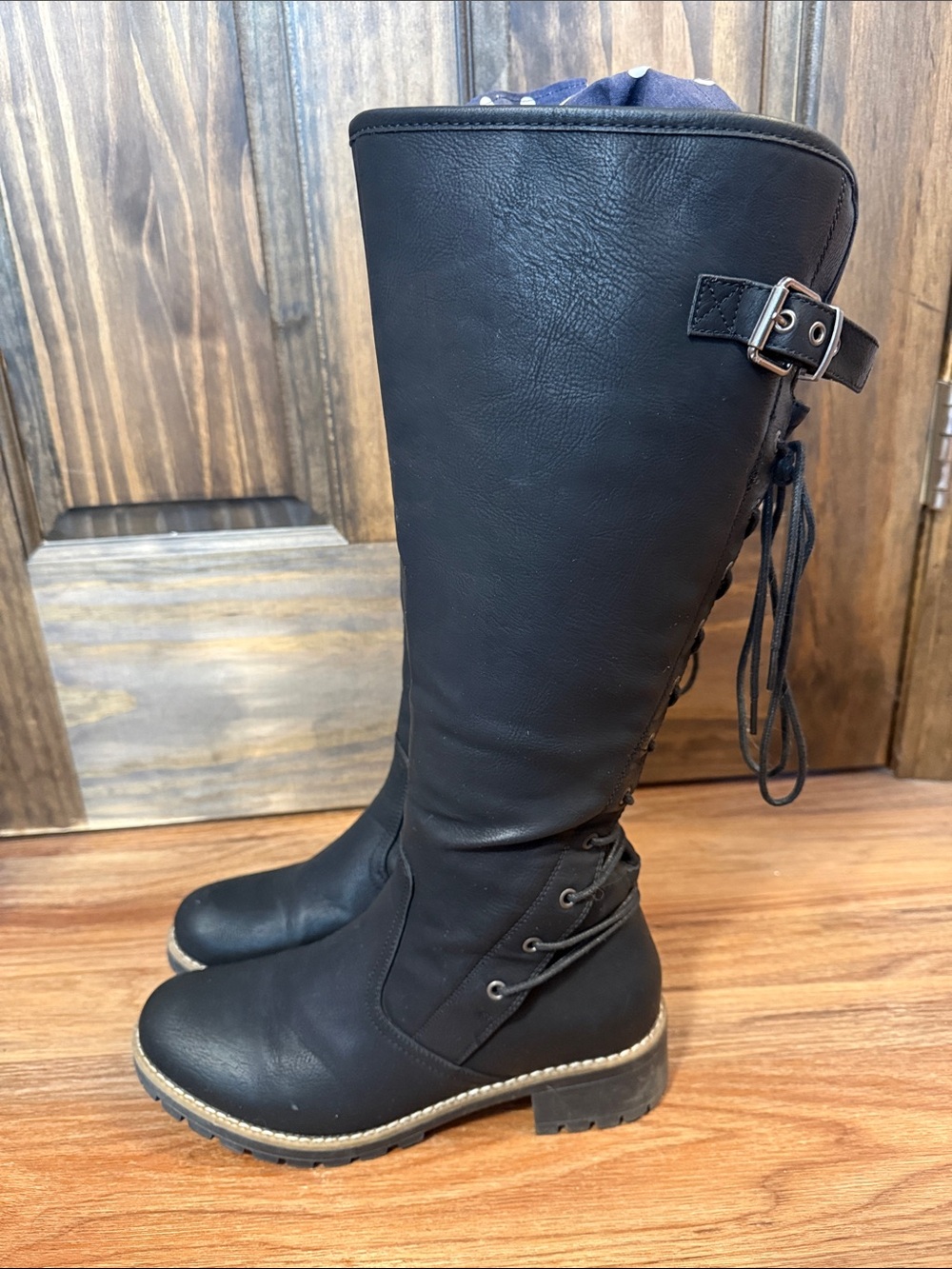 Global Win Black Lace-Up Knee-High Boots with Buckle
